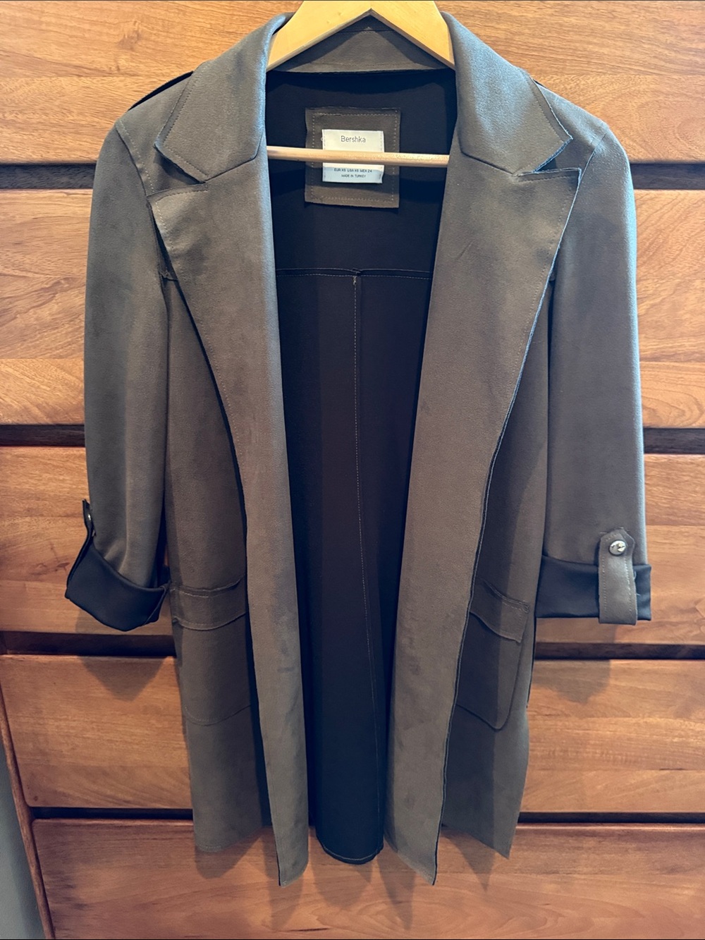 Bershka Olive Green Open-Front Faux Suede Trench Coat